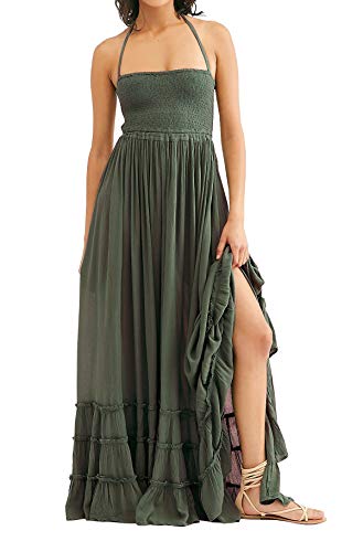 R.Vivimos Womens Summer Cotton Sexy Backless Long Dresses (Small, Army Green)