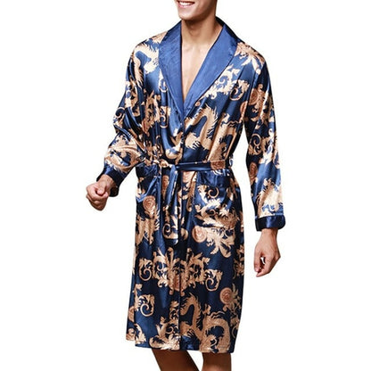 Men Mens Robe Long Sleeves Bathrobe Silk Kimono Print Pajamas Bathrobe