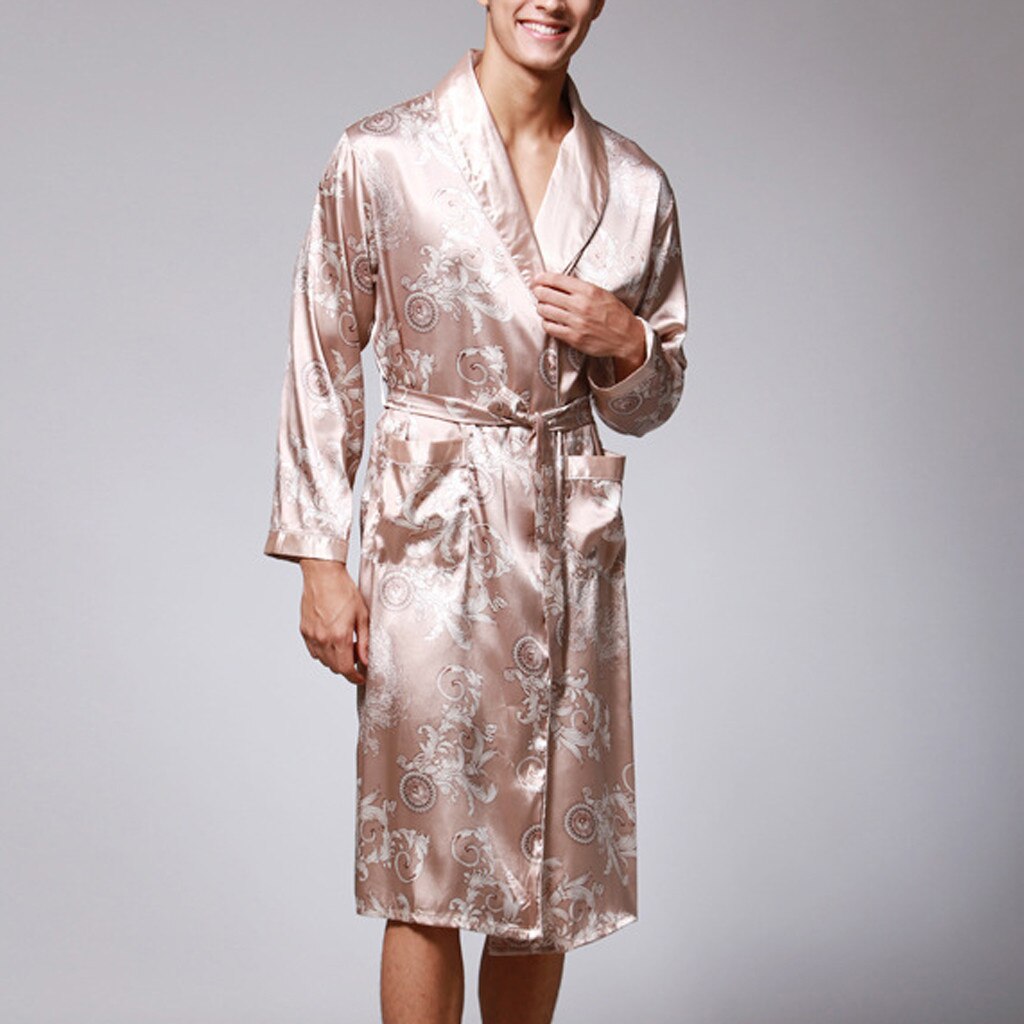 Men Mens Robe Long Sleeves Bathrobe Silk Kimono Print Pajamas Bathrobe