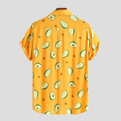 Summer Men Shirt Avocado Print Men Shirt Turn down Collar Short Sleeve