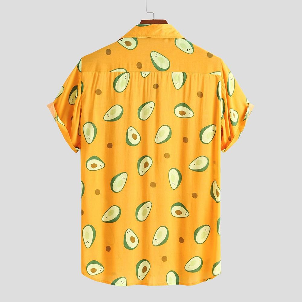 Summer Men Shirt Avocado Print Men Shirt Turn down Collar Short Sleeve