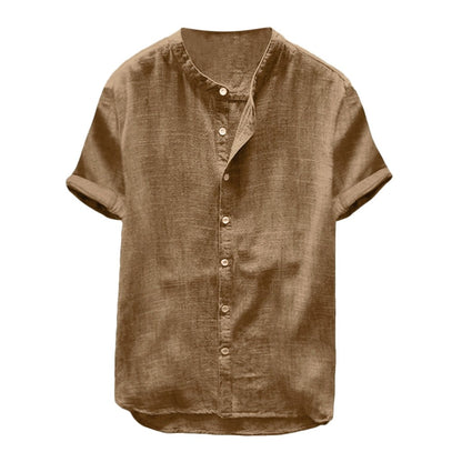 Summer Shirt Men Baggy Cotton Linen Solid Color Short Sleeve Retro